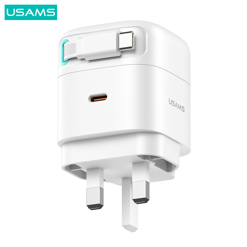 USAMS US-CC204 XMF Series PD 35W Dual Output GaN Fast Charger with Type-C Magnetic Retractable Cable Module, UK Plug USAMS US-CC204 XMF Series PD 35W Dual Output GaN Fast Charger with Type-C Magnetic Retractable Cable Module, UK Plug